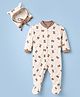Junior Star Half Sleeves Teddy Bear Printed Coordinating Footed Sleepsuit & Ear Applique Detailed Cap - White