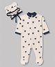 Junior Star Half Sleeves Bear Face Printed Coordinating Footed Sleepsuit & Ear Applique Detailed Cap - White