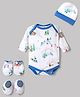 Junior Star Full Sleeves Ski Chalet Theme Printed Coordinating Onesie With Mittens Booties & Cap Set - Multi Colour