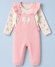 Babyoye 100% Cotton Knit With Eco Jiva Finish Full Sleeves Floral Printed & Bow Embroidered Dungaree With Inner Tee Set - Pink