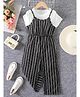 The Kids Club Cotton Blend Woven Striped Jumpsuit With Half Sleeves Tee Set - Black