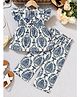 The Kids Club Cotton Blend Knit Frill Sleeves Floral Printed Coordinating Top & Pants Set - Blue