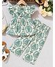 The Kids Club Cotton Blend Knit Frill Sleeves Floral Printed Coordinating Top & Pants Set - Green