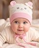 Babyoye 100% Cotton Interlock Knit Baby cap with knot with Cat Design and Bow Pink - Diameter 9 cm