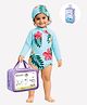 Little Surprise Box Full Sleeves Floral Printed Swimsuit With Cap Bag & Detergent - Aqua Blue