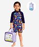 Little Surprise Box Three Fourth Raglan Sleeves Fishes Printed Legged Swimsuit - Navy Blue