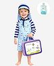 Little Surprise Box Full Raglan Sleeves Striped & Llama Printed Swimsuit & Cap Set With Bag & Detergent - Blue