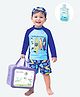 Little Surprise Box Full Sleeves Surfing Board Printed Two Piece Swimsuit With Cap Bag & Detergent - Blue