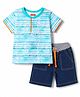 Babyhug Single Jersey Knit Half Sleeves Striped T-Shirt & Shorts Set With Tropical Print - Blue