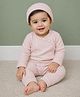 Mi Arcus 100% Cotton Knit Full Sleeves Striped Shirt & Pants Set With Cap - Peach