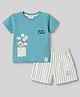 Ollypop Interlock Knit Half Sleeves T-Shirt & Striped Shorts Set Teddy Patch - Green
