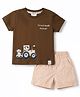 Ollypop Interlock Knit Half Sleeves T-Shirt & Shorts Set with Train & Puppy Embroidery - Brown