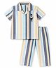 Ollypop Cotton Woven Half Sleeves Co-Ords Striped Shirt & Pajama Night Suit with Bear Print - Blue