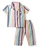Ollypop Cotton Woven Half Sleeves Striped Shirt & Pajama Night Suit with Bear Print - Peach