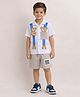 Little Marine Cotton Blend Knit Half Sleeves Teddy Bear Printed Shirt & Shorts Set - White & Blue