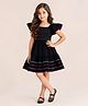 Little Marine Cotton Blend Knit Flutter Sleeves Geometric Embroidered Smocked Dress - Black