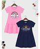 Trampoline Cotton Blend Knit Dresses with Half Sleeves and Unicorn and Princess Print Pack of 2- Pink & Navy Blue