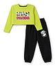 Trampoline Terry Loop Knit Full Sleeves Panda Printed Crop Top & Track Pant Set - Neon Green & Black
