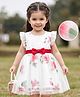 Kookie Kids Woven Frill Sleeves Floral Printed Party Frock with Bow Applique - White