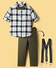 Rikidoos Cotton Woven Full Sleeves Checked Shirt & Pant Set With Suspender & Bow Applique - Olive Green & Blue
