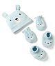 Babyhug 100% Cotton Interlock Knit Solid Cap Mittens & Booties With Bear Print Blue - Diameter 18 cm