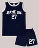 BLUSHES 100% Cotton Knit Sleeveless Game On Text Printed Tee & Shorts Set - Navy Blue