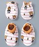 Babyhug 100% Cotton Interlock Knit Striped Mittens & Booties Set With Teddy Bear Print - White