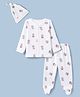 Doodle Poodle Interlock Knit 100 % Cotton Full Sleeves T-Shirt & Footed Leggings Co-Ords Night Suit With Teddy Bear Print & Cap - White