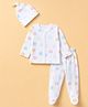 Doodle Poodle 100% Cotton Interlock Knit Full Sleeves Co-Ords Elephant Printed Top & Pyjama Night Suit with Cap - White