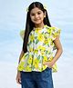 Tiny Girl Woven Frill Sleeves Floral Printed & Applique Detailed Top - Lemon