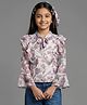 Tiny Girl Woven Full Bell Sleeves Abstract Printed Frill Detailed Top - Wine