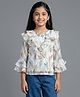 Tiny Girl Woven Full Sleeves Leaves Printed Frill Detailed Top - White
