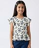 Tiny Girl Woven Frill Sleeves Leaves Printed Peplum Top - Navy Blue