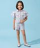 Tiny Girl Woven Half Flutter Sleeves Floral Printed Coordinating Top & Shorts Set - Neon Pink & Blue