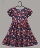 mini miao Cotton Woven Half Sleeves Floral Printed Dress - Navy Blue