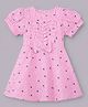 mini miao Cotton Woven Half Sleeves Striped & Leaves Printed Dress - Pink