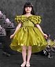 Lagorii Satin Woven Off Shoulder Sequins & Stone Embellished Floral Applique & Ruffle Detailed High Low Dress - Olive Green