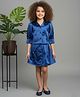 MAC WIN Satin Woven Three Fourth Sleeves Stone Embellished & Floral Applique Detailed Shirt & Pleated Skorts Set - Blue