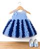 Blabber Sleeveless Beads Embellished Butterfly Applique & Colour Blocked Ruffle Detailed Knee Length Smocked Dress With Booties - Blue