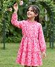 Pine Kids Woven Full Puffed Sleeves Floral Printed Tiered Frock - Pink