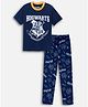 Nap Chief Cotton Blend Knit Warner Bros Featuring Half Sleeves Harry Potter Hogwarts Text Printed Tee & Pajama Night Suit - Navy Blue