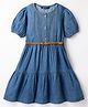Pine Kids Cotton Woven Half Puffed Sleeves Pin Tucked Tired Dress With Belt - Navy Blue