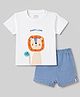 marshmallows Knitted Half Sleeves T-Shirt & Shorts Set With Lion Print - White & Blue