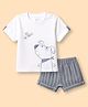 marshmallows Knitted Half Sleeves Puppy Printed & Striped T-shirt & Shorts Set - White & Grey