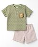 marshmallows Knitted Half T-Shirt & Shorts Set With Schiffli Design & Lion Applique - Olive Green