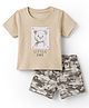 marshmallows Knitted Half Sleeves T-Shirt & Shorts Set With Teddy Print - Light Brown
