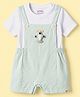 marshmallows Cotton Knit Half Sleeves Striped Dungaree Set With Aeroplane Applique - Mint