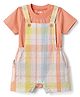 marshmallows Cotton Knit Half Sleeves Checked Dungaree Set - Peach