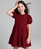 Pine Kids Woven Half Sleeves One Piece Dress with Floral Embroidery - Red