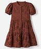 Pine Kids Woven Half Sleeves Dress with Floral Embroidery - Brown